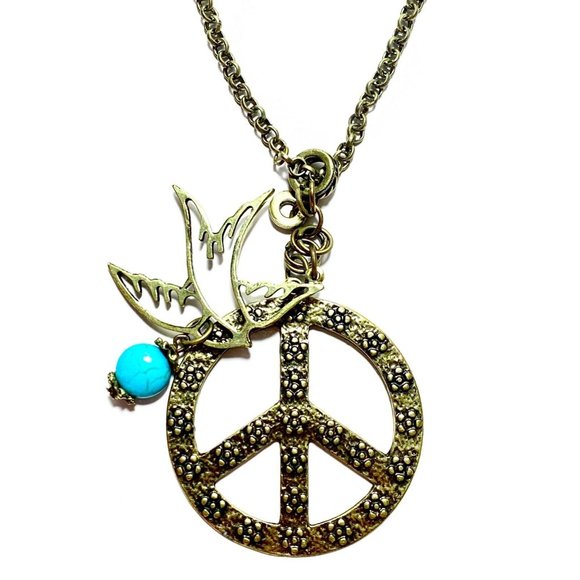 Long Chain Necklace with Peace Symbol-Dove - Picture 5 of 5
